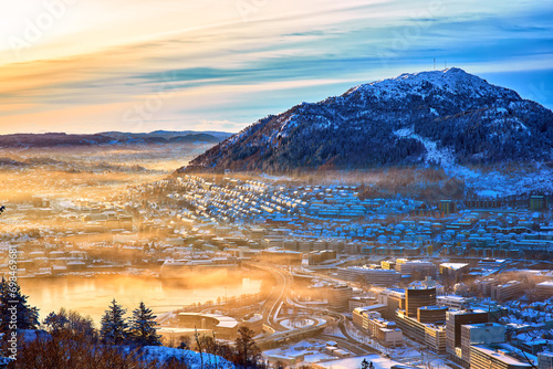 Amazing view of Bergen from Floyen in winter at sunrise, Norway