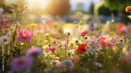 Fototapeta Naklejka Na Ścianę i Meble -  Vibrant wildflowers in sunlit meadow during spring. Nature and tranquility.