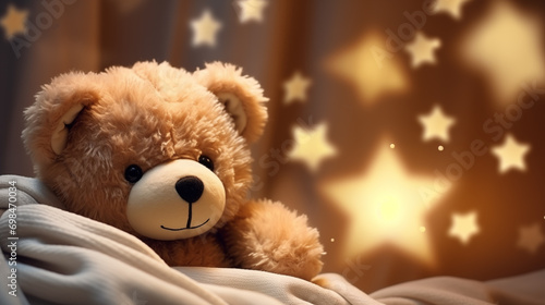 Cute teddy bear stuffed toy on cozy background 