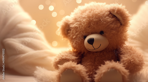 Cute teddy bear stuffed toy on cozy background 