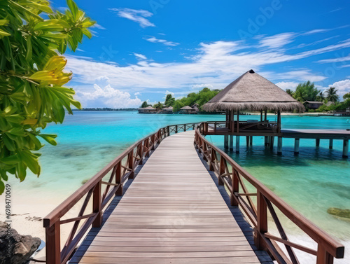 Bungalows and brown wooden dock on blue sea under blue sky during daytime © Kedek Creative