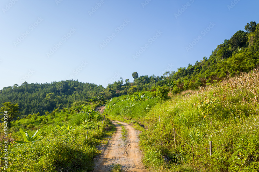A path in the middle of the green mountains, in Asia, in Vietnam, in Tonkin, in Dien Bien Phu, in summer, on a sunny day. A path in the middle of the green mountains, in Asia, in Vietnam, in Tonkin, in Dien Bien Phu, in summer, on a sunny day.