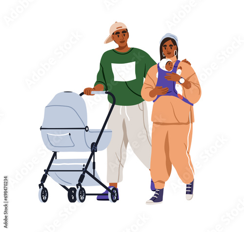 Parents walking with infant baby in sling. Young mother, father strolling with newborn child and pram, stroller. Mom, dad couple and kid. Flat graphic vector illustration isolated on white background