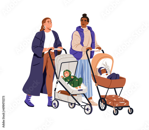 Mothers friends with babies in prams, strolling together, talking. Happy moms and infants, newborns children sleeping in strollers during walk. Flat vector illustration isolated on white background