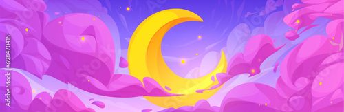 Cartoon night skyscape with fluffy anime style clouds and crescent moon. Vector air panoramic background of purple gradient colored cloudy heaven with pink curve shaped haze, yellow luna and stars.