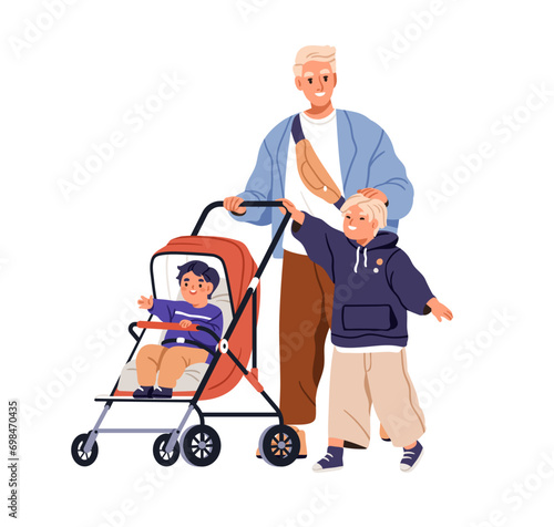 Father walking with children. Dad strolling with toddler kid in stroller and elder son. Happy man parent with boy in pram and brother child. Flat vector illustration isolated on white background