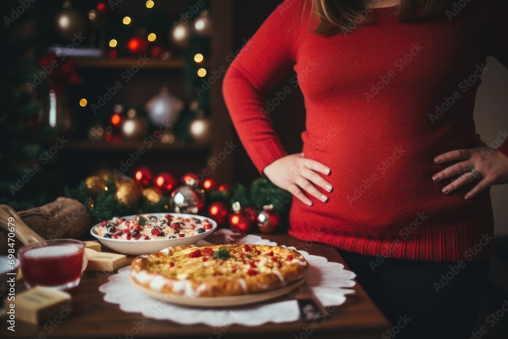 Holiday excess captured. A lady, clad in red, stands near a table laden with fatty delights. Decorated home sets the New Year stage behind her. Generated AI
