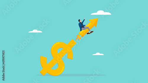 rapid economic growth concept with businessman riding a rocket from dollar symbol flat vector illustration. growing improvement sales. financial profit growth. return on investment with arrow symbol