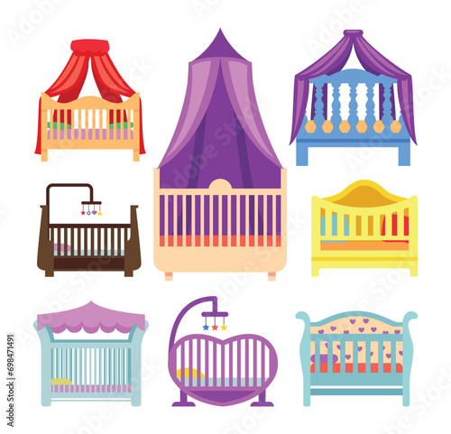 Colorful Baby cot set collection, infant bed set collection, Set of different baby crib on white background, Infant in cradle, Baby crib icon, baby bed vector icons collection with netting.