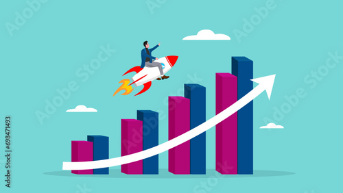 financial business growth chart with businessman riding a rocket illustration. business growth profit increase, invest, investment, growing improvement sales, rapid economic growth concept