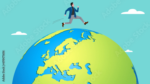 Businessman running around the world to get achievement concept illustration suitable for describe about business development, leadership or business founder concept