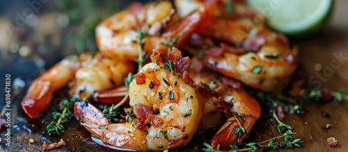 Close-up of grilled shrimp with bacon, thyme, and lime on a table.