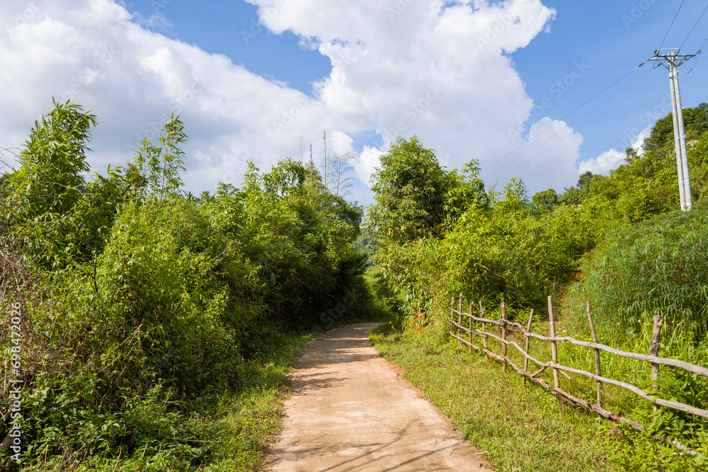 A concrete path in the green countryside , Asia, Vietnam, Tonkin, Dien Bien Phu, in summer on a sunny day. A concrete path in the green countryside , Asia, Vietnam, Tonkin, Dien Bien Phu, in summer on a sunny day.