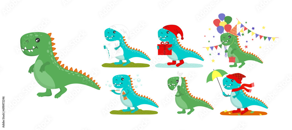 Fototapeta premium Set of cute dinosaurs. Dinosaur Christmas, Autumn, with a toothbrush, toothache, with a pillow.