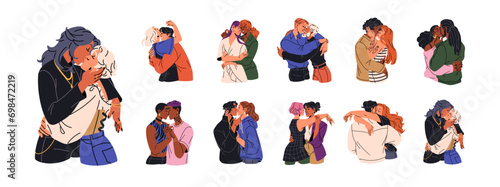 Diverse couples kiss set. People love, show soft feelings, affection. Happy lesbians, gays hug. Different romantic pairs. LGBT relationships. Flat isolated vector illustration on white background