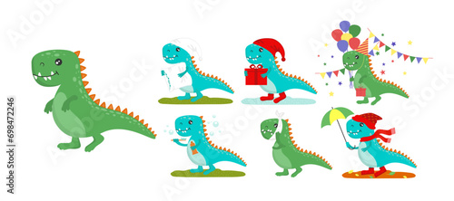 Set of cute dinosaurs. Dinosaur Christmas, Autumn, with a toothbrush, toothache, with a pillow.