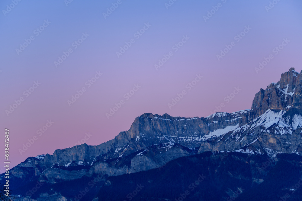 Fototapeta premium Aup de Véran at dusk in Europe, France, Rhone Alpes, Savoie, Alps, in winter, on a sunny day.