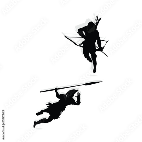 vector illustration of a roman knight military silhouette throwing a spear and an archer silhouette