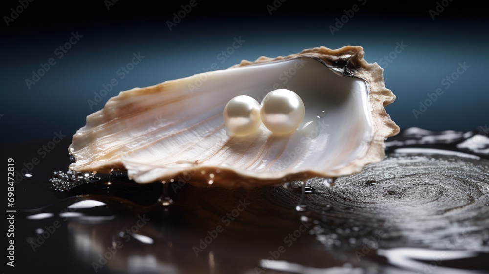 a close up of a sea shell with three pearls on the inside of it and water droplets on the outside of the shell. a close up of a sea shell with three pearls on the inside of it and water droplets on the outside of the shell.
