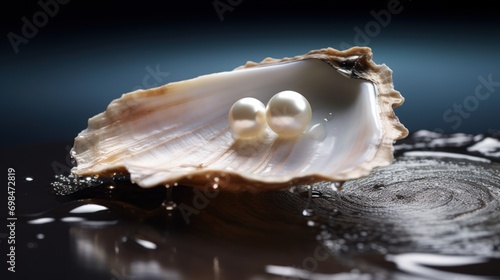  a close up of a sea shell with three pearls on the inside of it and water droplets on the outside of the shell.