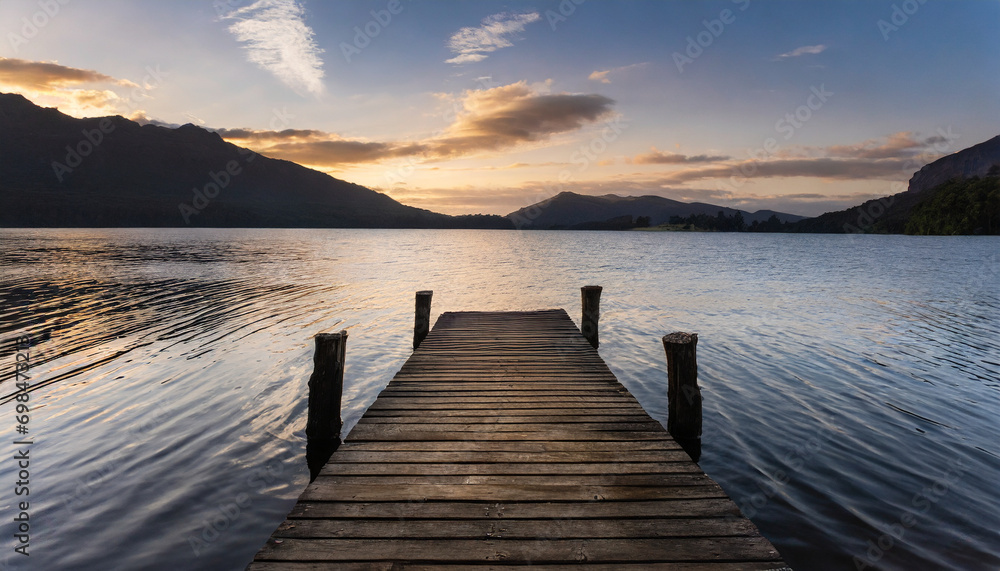 a wooden dock extends into the water near mountains
