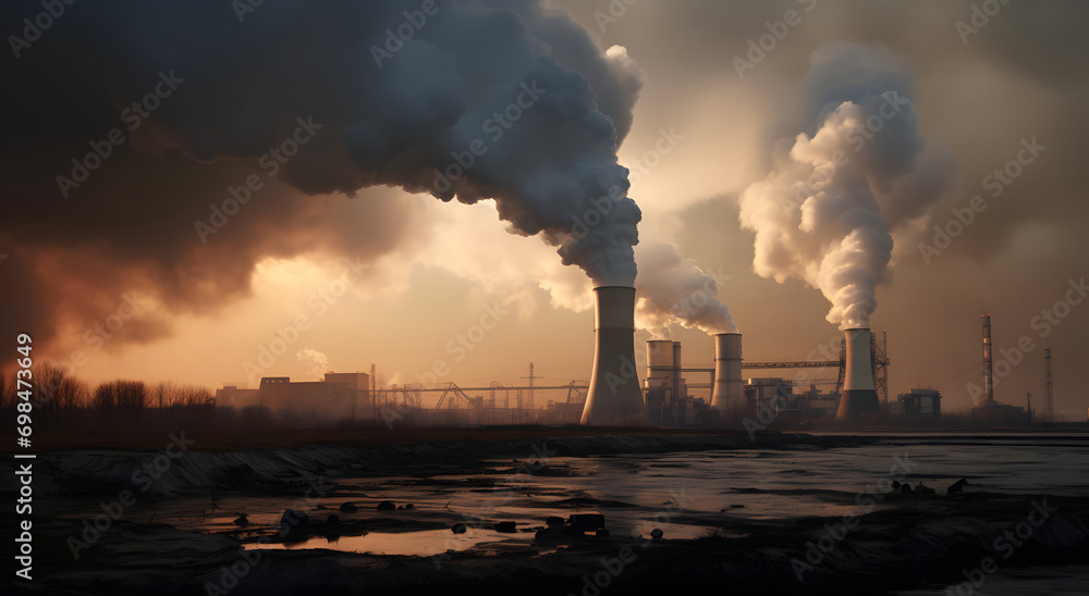 Coal-fired power plant and white steam against sunrise sky.