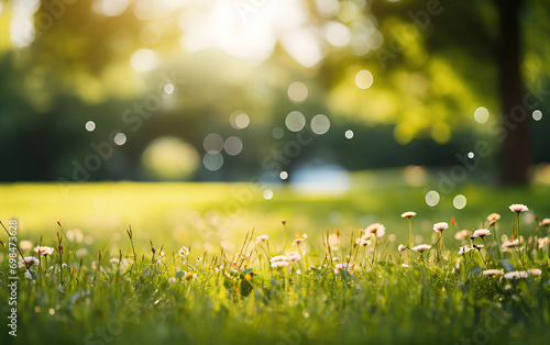 Green lawn with fresh grass outdoors. Nature spring grass background