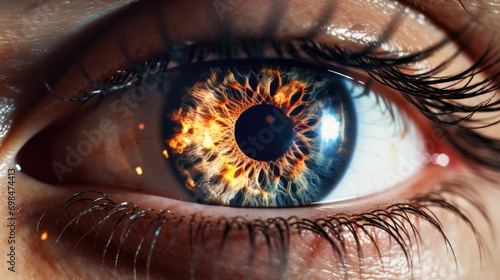 Close up of human eye with fire in it feflection. 3D rendering. Ai generative photo