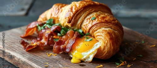Egg and crispy bacon croissant breakfast.