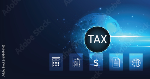 Tax payment concept. Tax system icons that are paid around the world on a dark blue background  Data analysis, paperwork, and financial research. Calculation of tax return.