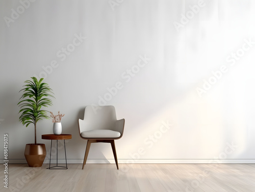 Wooden floor modern interior with white wall and modern chair generative ai