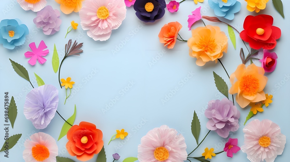 Colorful handmade paper flowers on light blue background with copy space in the center