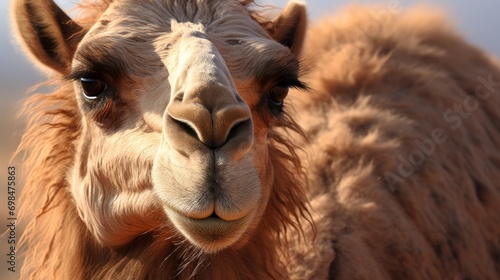  a close - up of a camel s face  with a blurry background of the camel s fur.