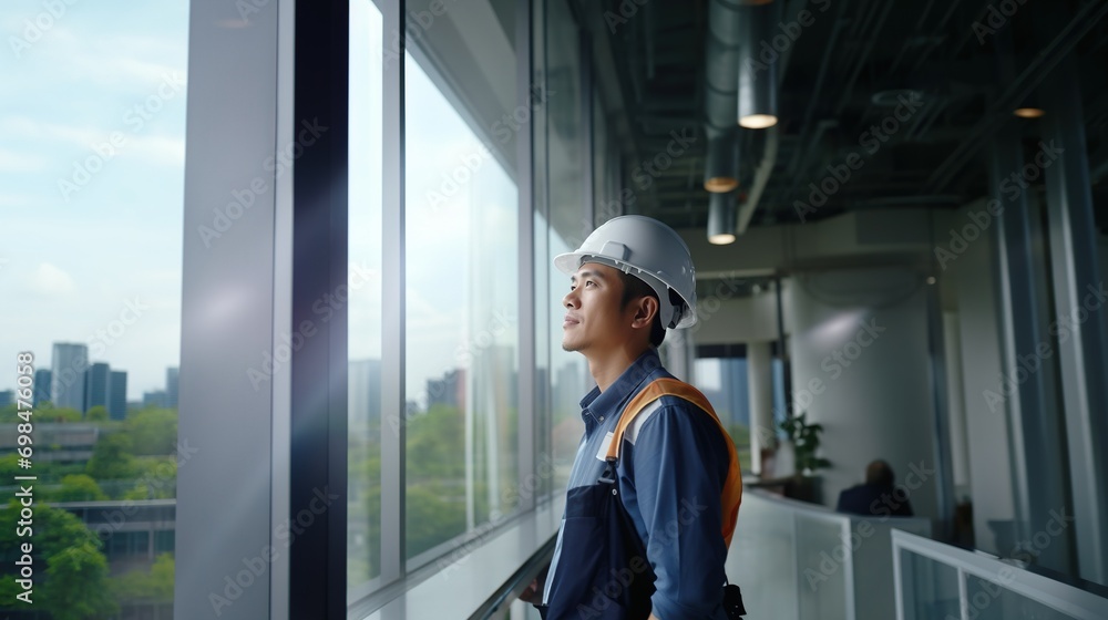 Portrait of Asian engineer or architect on construction site with building background Portrait of Asian engineer or architect on construction site with building background