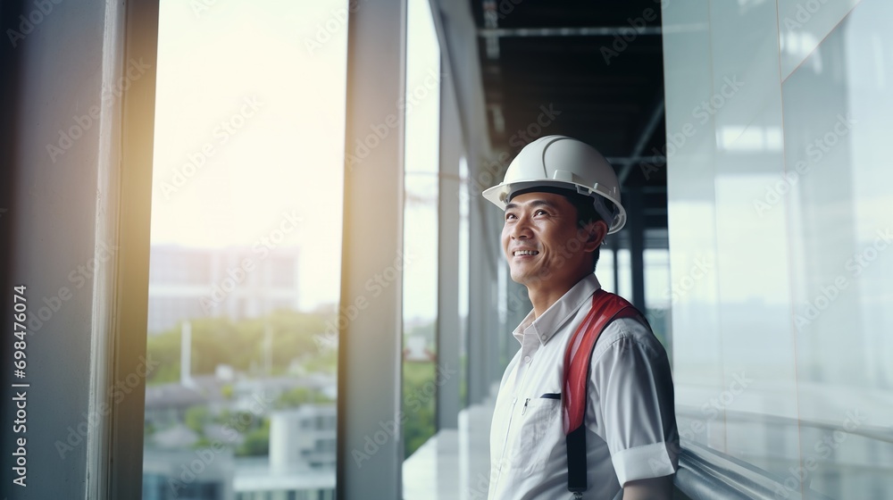 Portrait of Asian engineer or architect on construction site with building background Portrait of Asian engineer or architect on construction site with building background