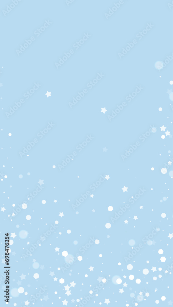 Snowy christmas background. Subtle flying snow flakes and stars on light blue winter backdrop. Delicate sweet snowy christmas. Vertical vector illustration. Snowy christmas background. Subtle flying snow flakes and stars on light blue winter backdrop. Delicate sweet snowy christmas. Vertical vector illustration.