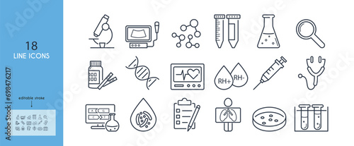 Clinical trials, research, study line icon set. Medical laboratory. microscope,test tubes,centrifuge, ultrasound machine,blood, stethoscope, dna, genetic analysis,rhesus factor. Editable stroke.