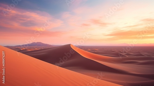  a desert landscape with sand dunes and a mountain in the distance with a pink and blue sky in the background.