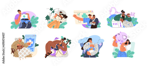 Insurance concept set. Assurance car, life, health, real estate, business, travel. Medicine policy. People insured home from natural disasters. Flat isolated vector illustration on white background