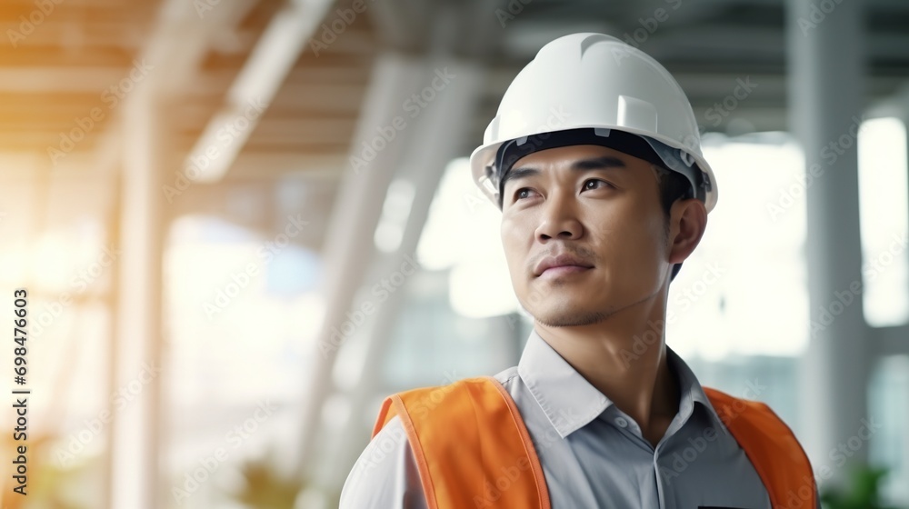 Portrait of Asian engineer or architect on construction site with building background