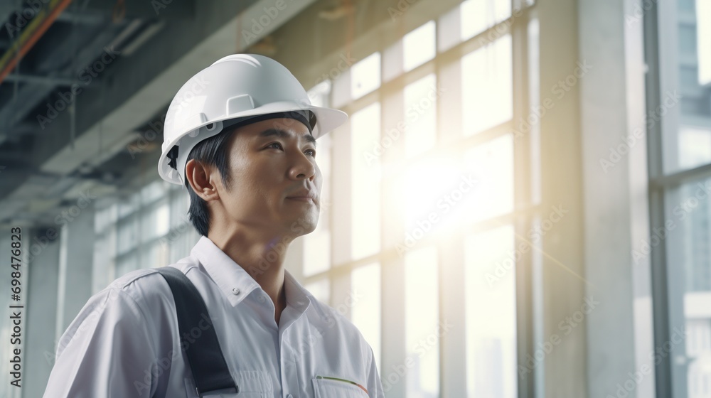 Portrait of Asian engineer or architect on construction site with building background Portrait of Asian engineer or architect on construction site with building background