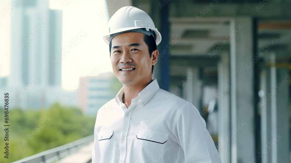 Portrait of Asian engineer or architect on construction site with building background