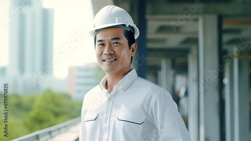 Portrait of Asian engineer or architect on construction site with building background