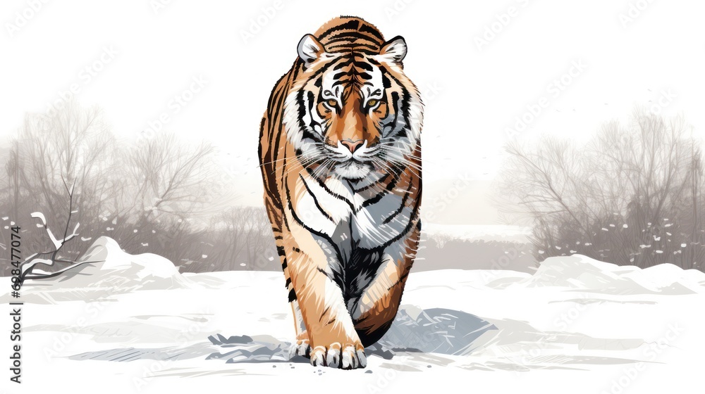  a drawing of a tiger walking in the snow with trees in the backgroup and snow on the ground.