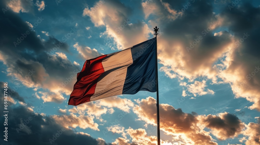 Obraz premium Flag of France. French tricolor against a blue sky.