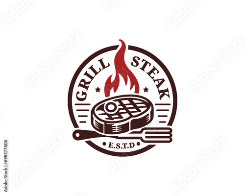 hot steak grill logo design. spatula with meat fire flame. restaurant logo