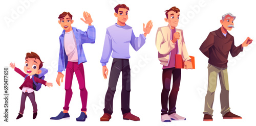 Life cycle evolution of man through stages of child, teenager, adult to grandmother. Cartoon journey through various life stages of aging male character. Process of person growth and development.