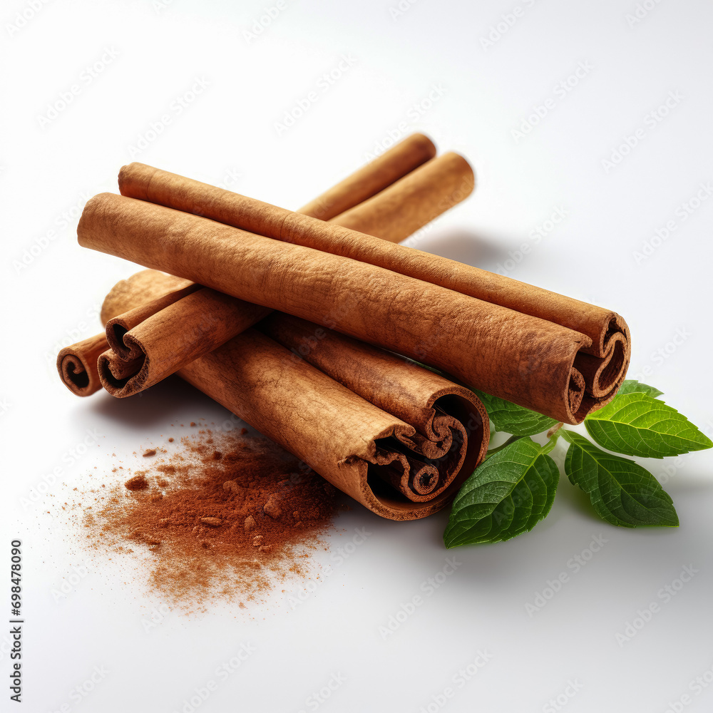 Cinnamon sticks with fresh leaves isolated on white background Cinnamon sticks with fresh leaves isolated on white background