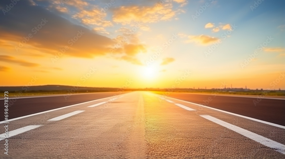 Naklejka premium sunset background highway, long road stretches into the distance. empty street on a beautiful afternoon
