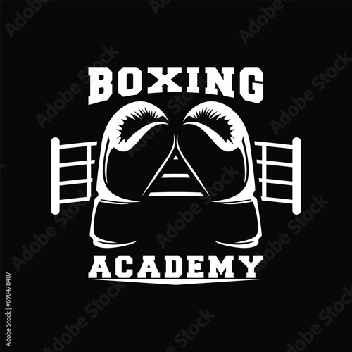 Boxing Academy with Gloves and Ring Logotype Black and White Vector